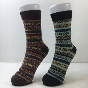 Womens Crew Socks Set 2 Fair Isle Nordic Pattern Brown Blue Yellow Orange Red